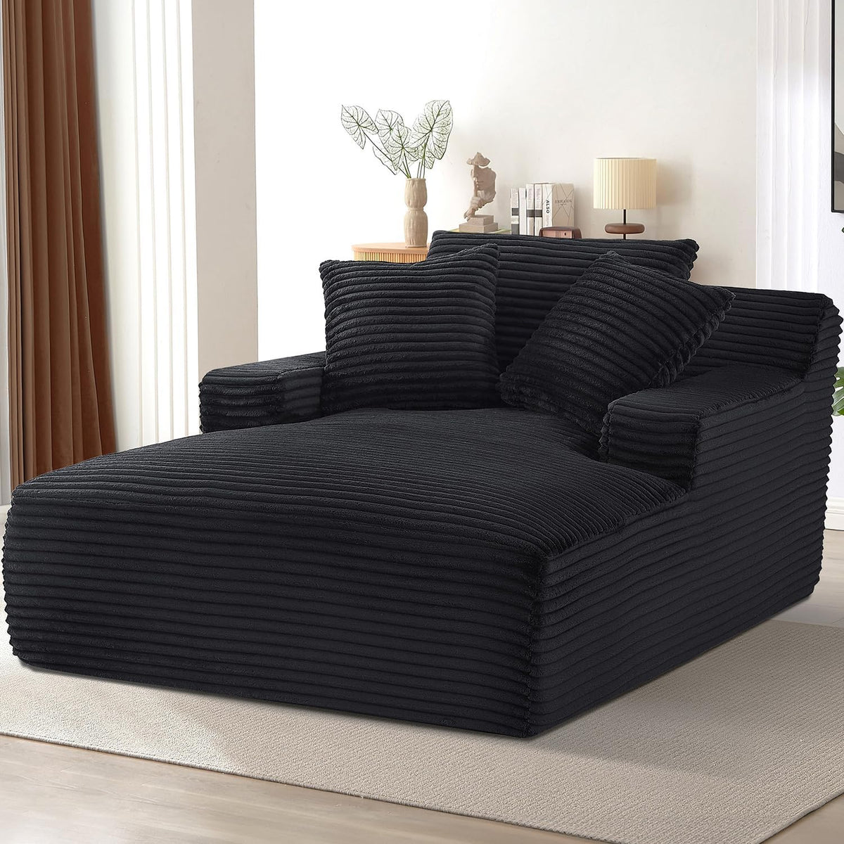 Avenix 66" Oversized Chaise Lounge Chair Indoor, Cloud Corduroy Reading Chair Deep Seat Sofa Couch Bed with 3 Pillows for Living Room, No Assembly Required, Black