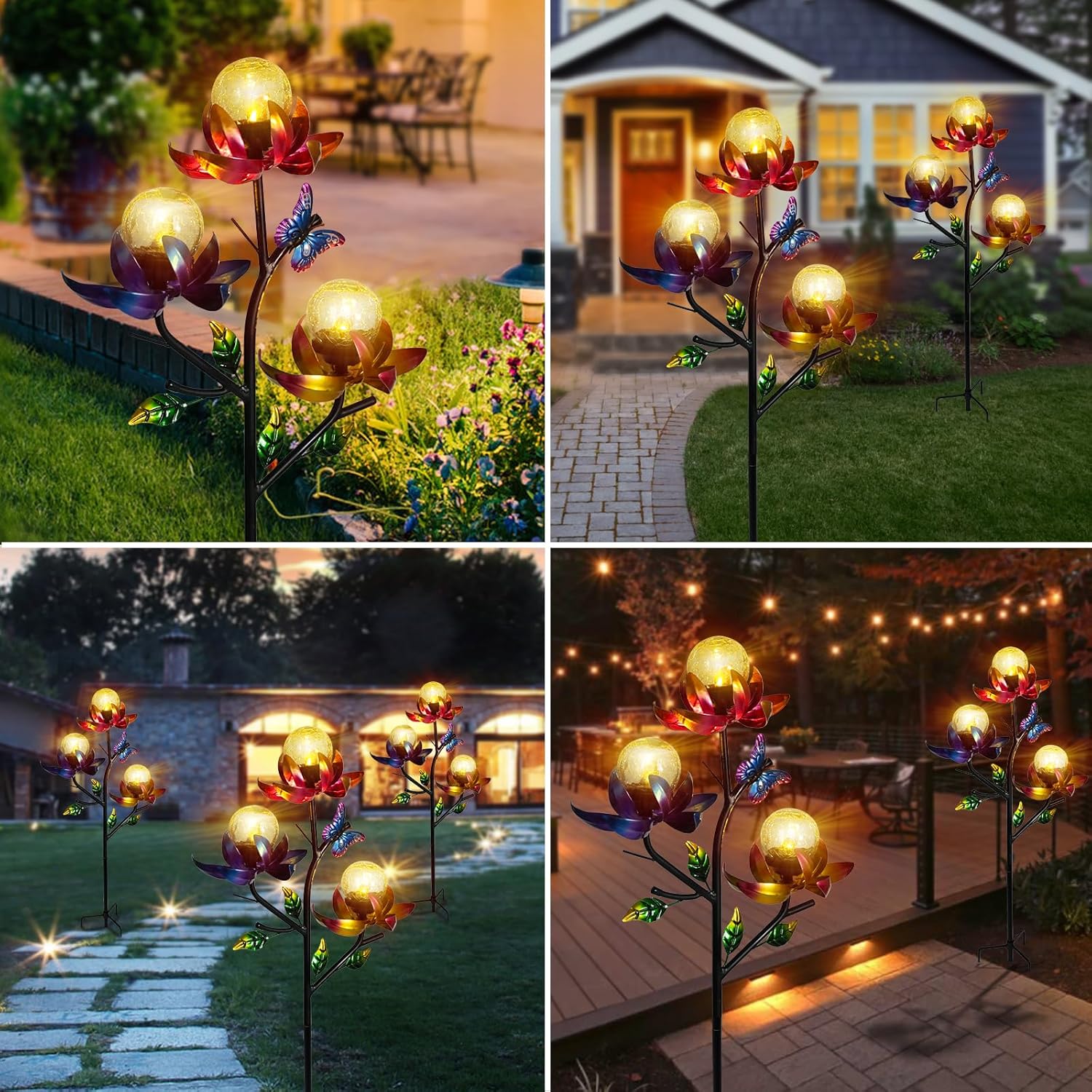 Solar Lights Outdoor Decorative Lotus Flowers Wind Spinner Garden Stake with LED Crackle Balls Solar Wind Sculpture Yard Art Decor for Patio, Lawn & Garden
