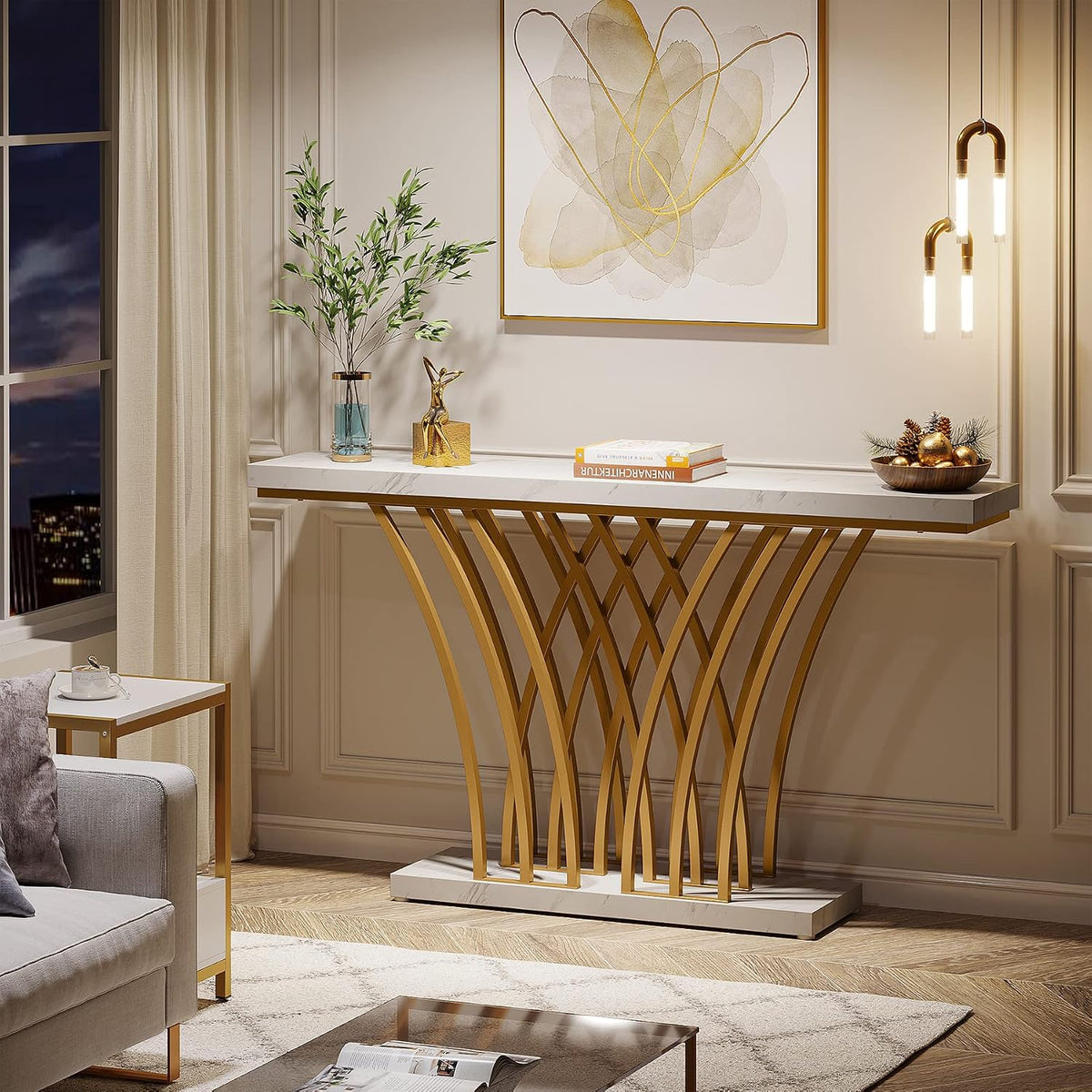 Tribesigns 59 inch Gold Console Table, Modern Entryway Table with Grid-Shaped Metal Base for Entrance, Hallway, Entryway, Living Room(White Faux Marble & Gold)
