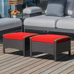 HAPPYGRILL Set of 2 Outdoor Patio Ottoman PE Rattan Wicker Ottomans with Removable Cushions and Solid Acacia Wood Handle Outdoor Footstool Footrest Set Seats and Side Table Set