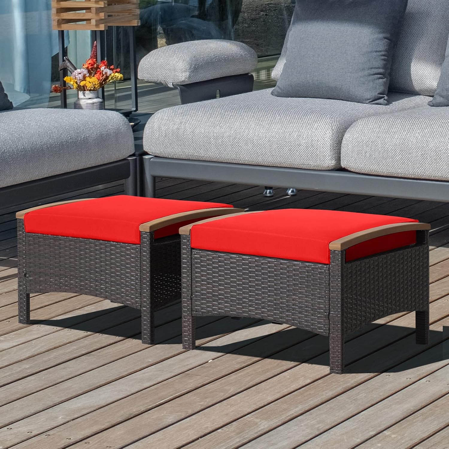 HAPPYGRILL Set of 2 Outdoor Patio Ottoman PE Rattan Wicker Ottomans with Removable Cushions and Solid Acacia Wood Handle Outdoor Footstool Footrest Set Seats and Side Table Set