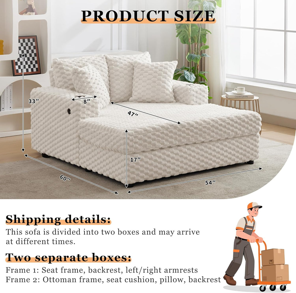 Chaise Lounge 60″ Oversized – Upholstered Sofa Bed Reading Chair, Beige | High-Density Foam Padding With Throw Pillows; Sturdy Wood Frame; Deep Seat, Charging Station; Cup Holders; For Living Room