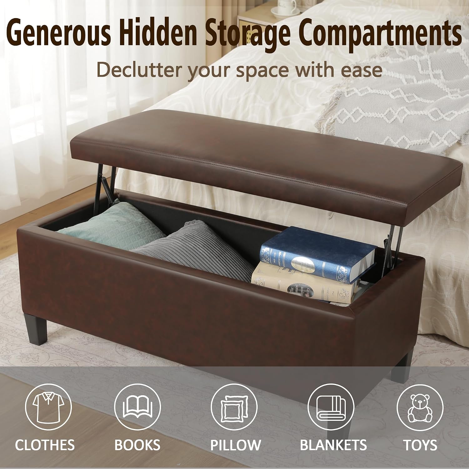 Homebeez 42" Storage Ottoman Bench, Lift Top Faux Leather Storage Bench | with Hidden Compartment, Modern Rectangular End of Bed Bench, for Bedroom Living Room Entryway, Blackened Red