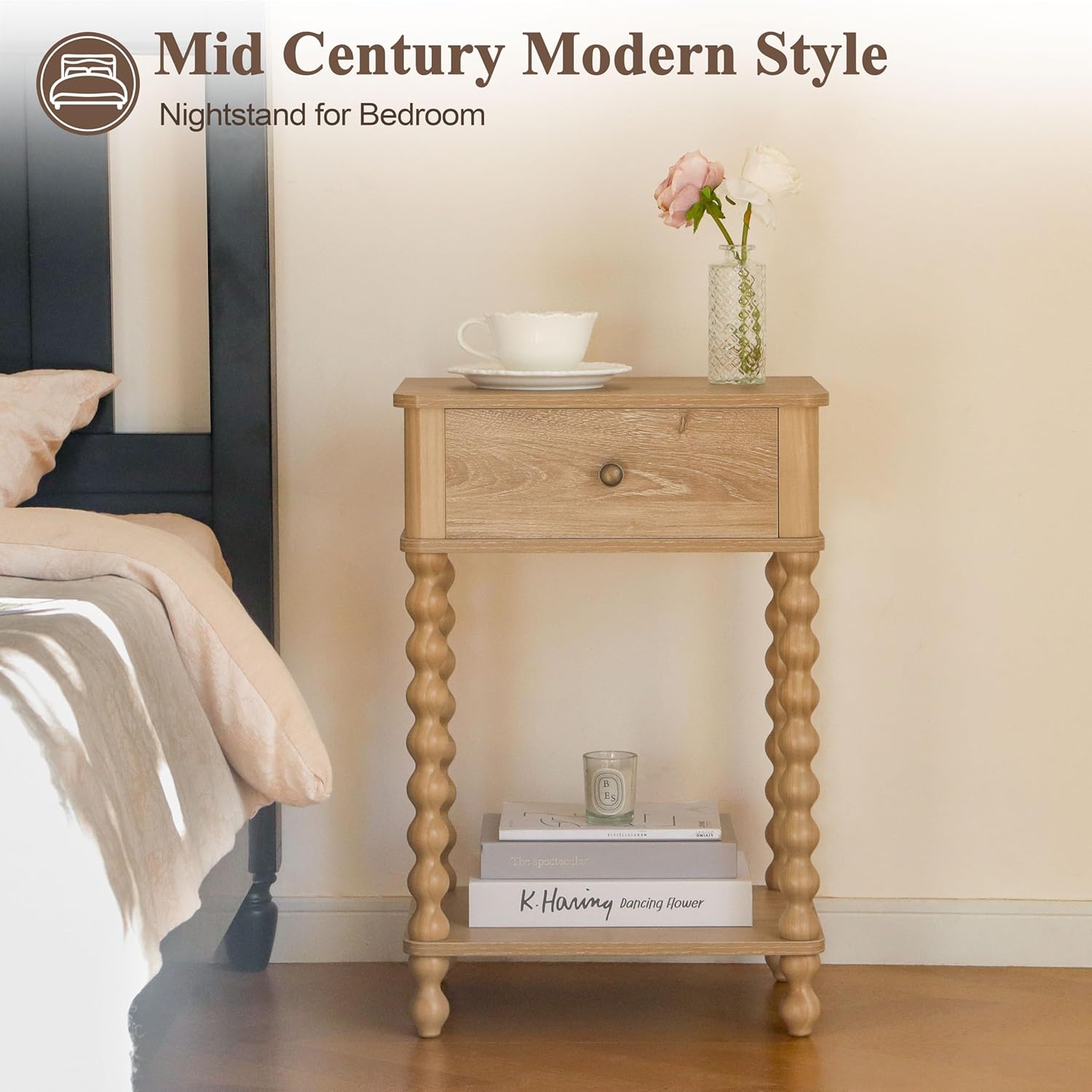 AWASEN Night Stand, Wood End Table with Drawer for Living Room, Small Bedside Side Table with Spindle Wood Legs for Bedroom, Office, Rustic Walnut