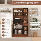 LOKO 66” Tall Pantry with Charging Station, Freestanding Storage Cabinet with Microwave Stand, Wine Glass Holder, Adjustable Shelves, Kitchen Hutch Cabinet for Living Room, Dining Room, Brown