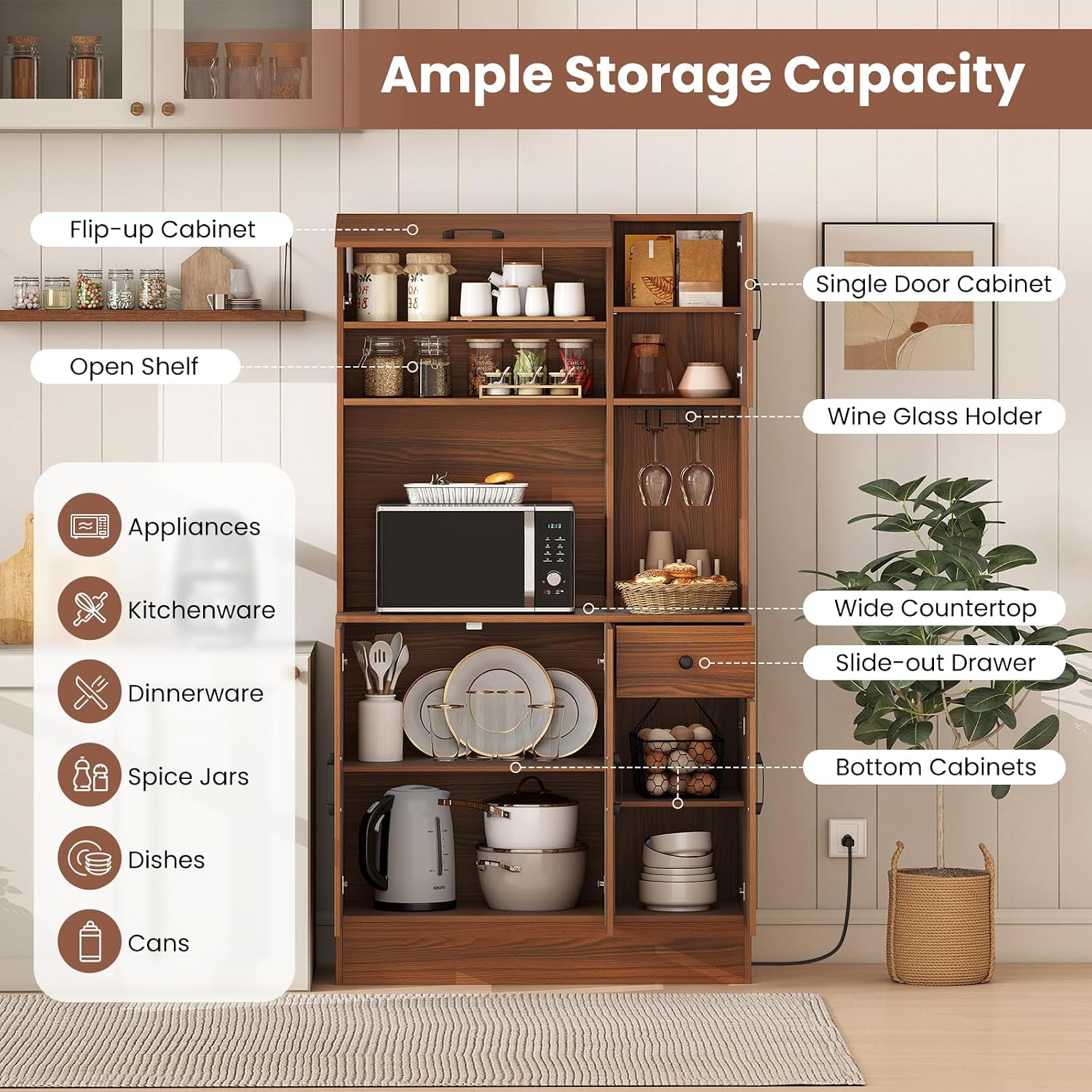 LOKO 66” Tall Pantry with Charging Station, Freestanding Storage Cabinet with Microwave Stand, Wine Glass Holder, Adjustable Shelves, Kitchen Hutch Cabinet for Living Room, Dining Room, Brown