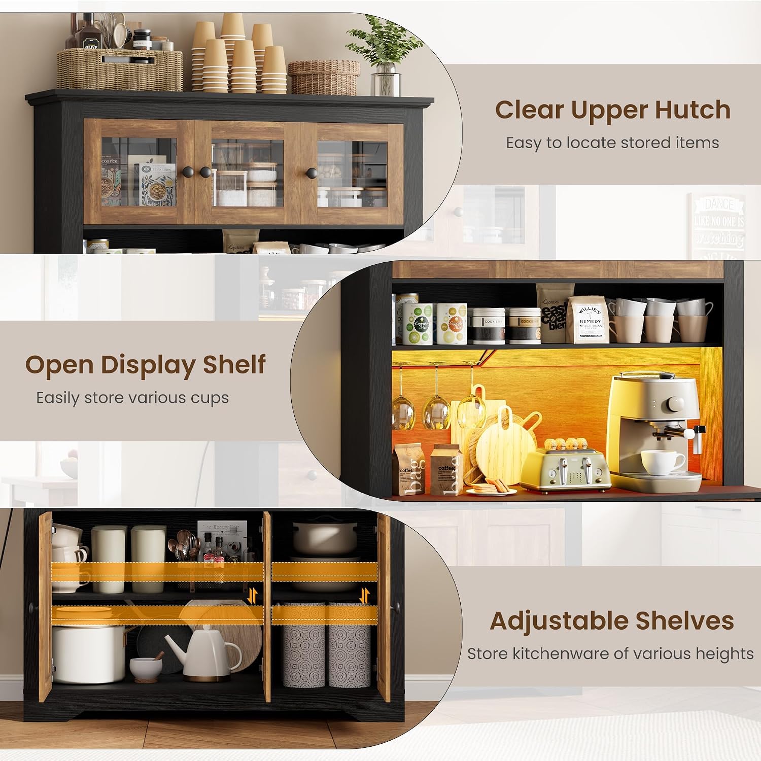GAOMON 69" Pantry Cabinet with LED Light & Charging Station, Kitchen Pantry Storage Cabinet with Drawer & Adjustable Shelves, Coffee Bar Table for Kitchen Room, Living Room, Dining Room, Black