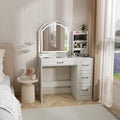 Makeup Vanity Desk with Mirror and Lights 3 Colors, Modern Dressing Table with Transparent Glass Tabletop, 4 Drawers, Power Outlet, Vanity Table for Bedroom, Bathroom