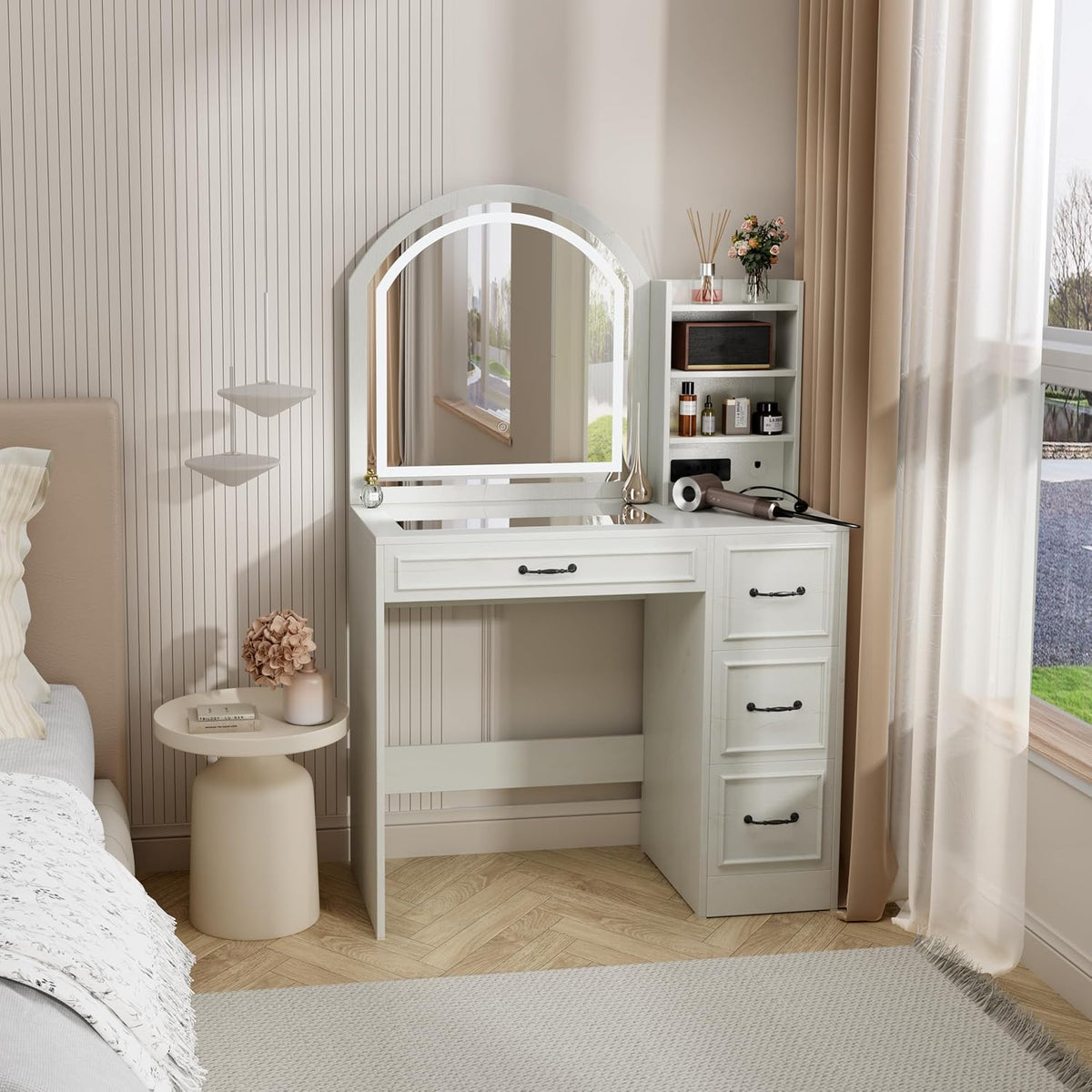 Makeup Vanity Desk with Mirror and Lights 3 Colors, Modern Dressing Table with Transparent Glass Tabletop, 4 Drawers, Power Outlet, Vanity Table for Bedroom, Bathroom