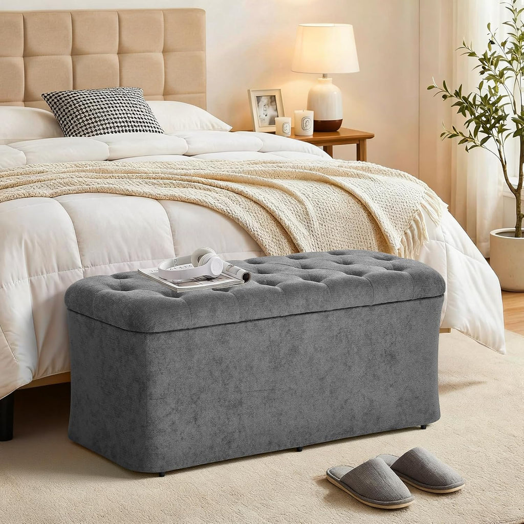 ONBRILL Storage Ottoman Bench, End of Bed Bench, 39.8 x 18.1 x 17.7 Inches Pouf Ottoman Foot Rest, Storage Benches Chest for Bedroom Entryway Living Room, Max 330 lbs, Grey