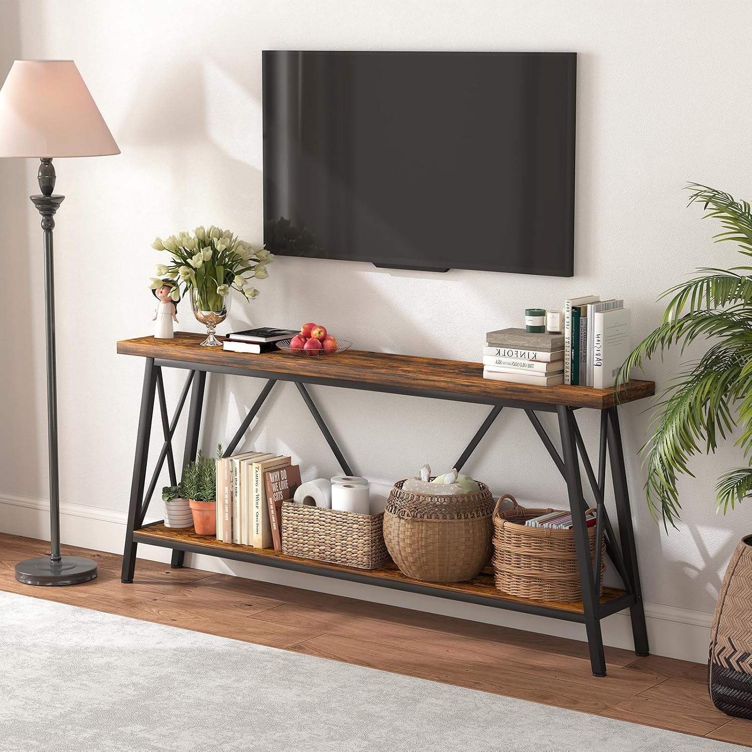 Rovibek 70.9 Inches Extra Long Sofa Table Narrow - Extra Long Console Table Behind Couch with X-Shaped Support, Industrial Long Entry Sofa Console Table Grey for Living Room