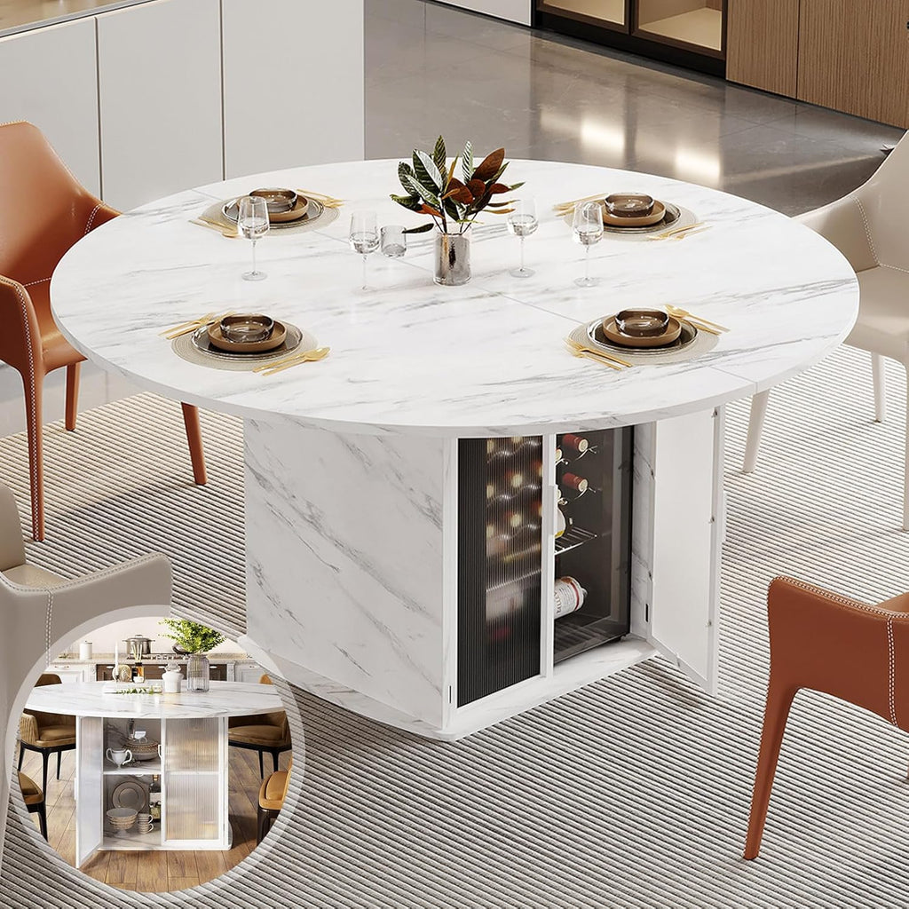 IBF 47" Round Dining Table with Storage, White Faux Marble Kitchen Tables for 4-6 People, Modern Dining Room Table with Fridge Space, Wood Circle Dinner Tables for Home, White Marble, Only Table
