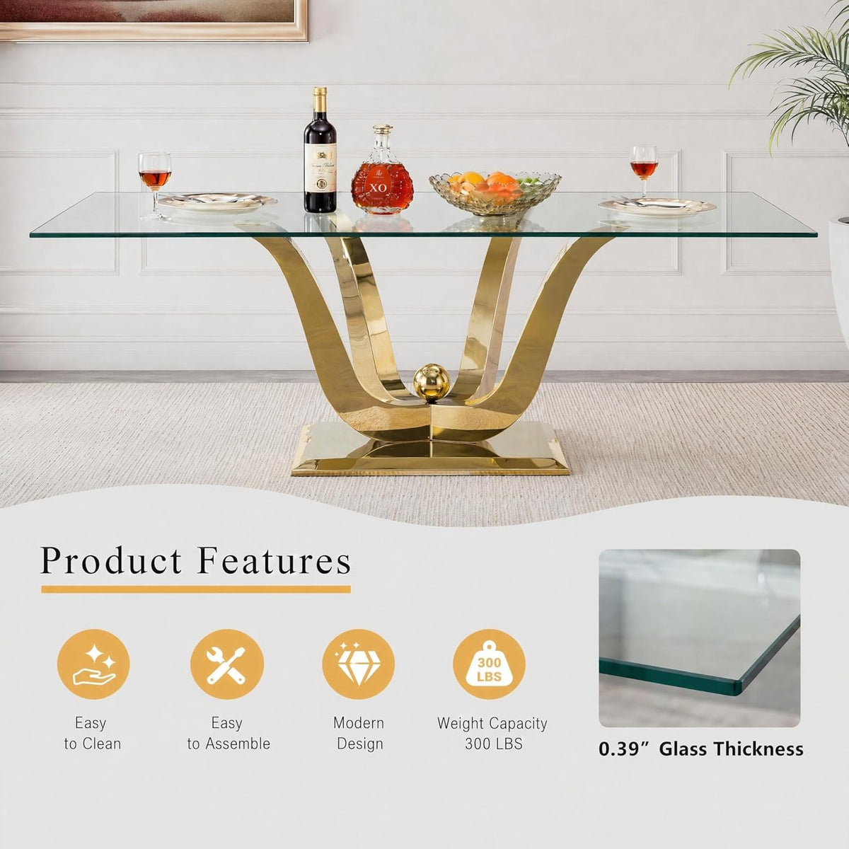 HomVent 70'' Glass Dining Table Set for 4, Modern Rectangle Kitchen Table Set for 4, Glass Dinner Table and Chairs Set for 4 for Living Room,Kitchen