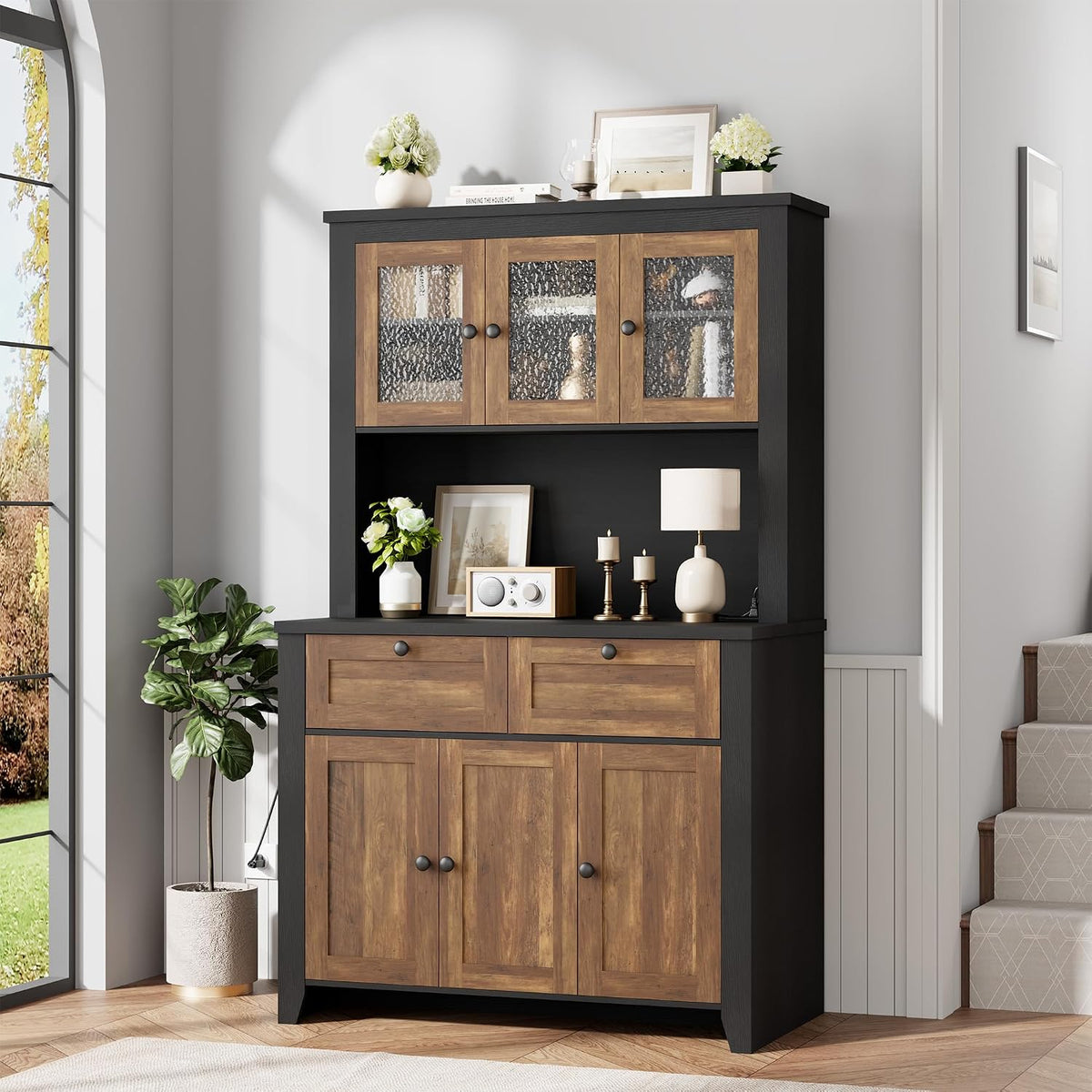 GarveeHome 66" Tall Pantry Cabinet with Power Outlet & LED Light, Kitchen Pantry Storage Cabinets with Countertop, Large Kitchen Hutch with Storage Drawers & Water Ripple Acrylic Panel Cabinet Door