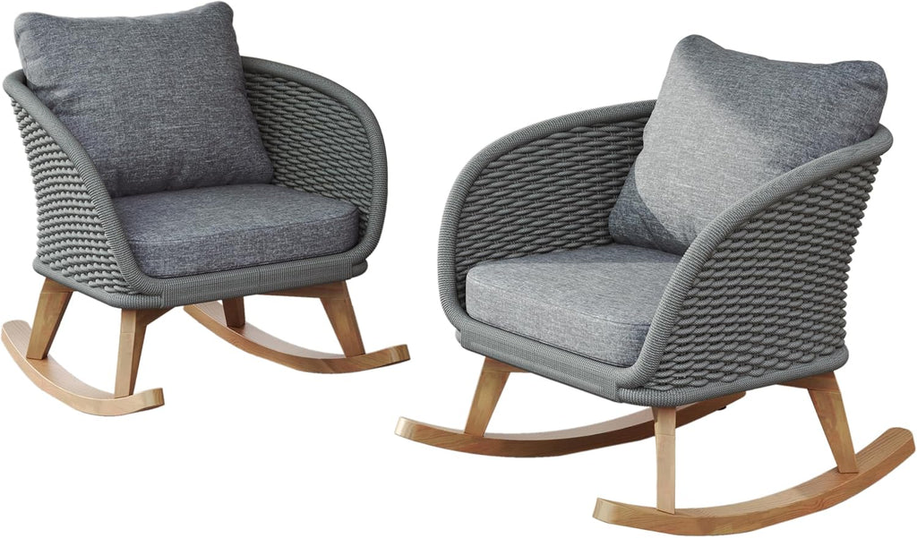 Set of 2 Gray Wicker Rocking Chairs: Contemporary Minimalist Design with Polyester Cushions & Wooden Frame - Indoor & Outdoor Use for Patio Balcony or Living Room