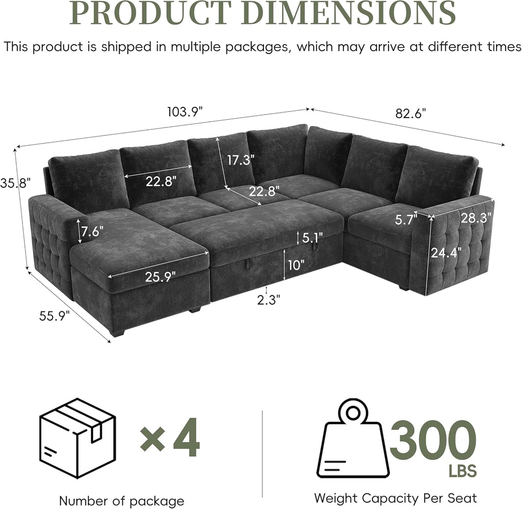 104" Sectional Sleeper Sofa Bed, 7 Seat Pull Out Couch with Storage, Gray | U Shaped Sectional Couches for Living Room, Apartment and Guest Room, Chenille Upholstered Sectional Couch