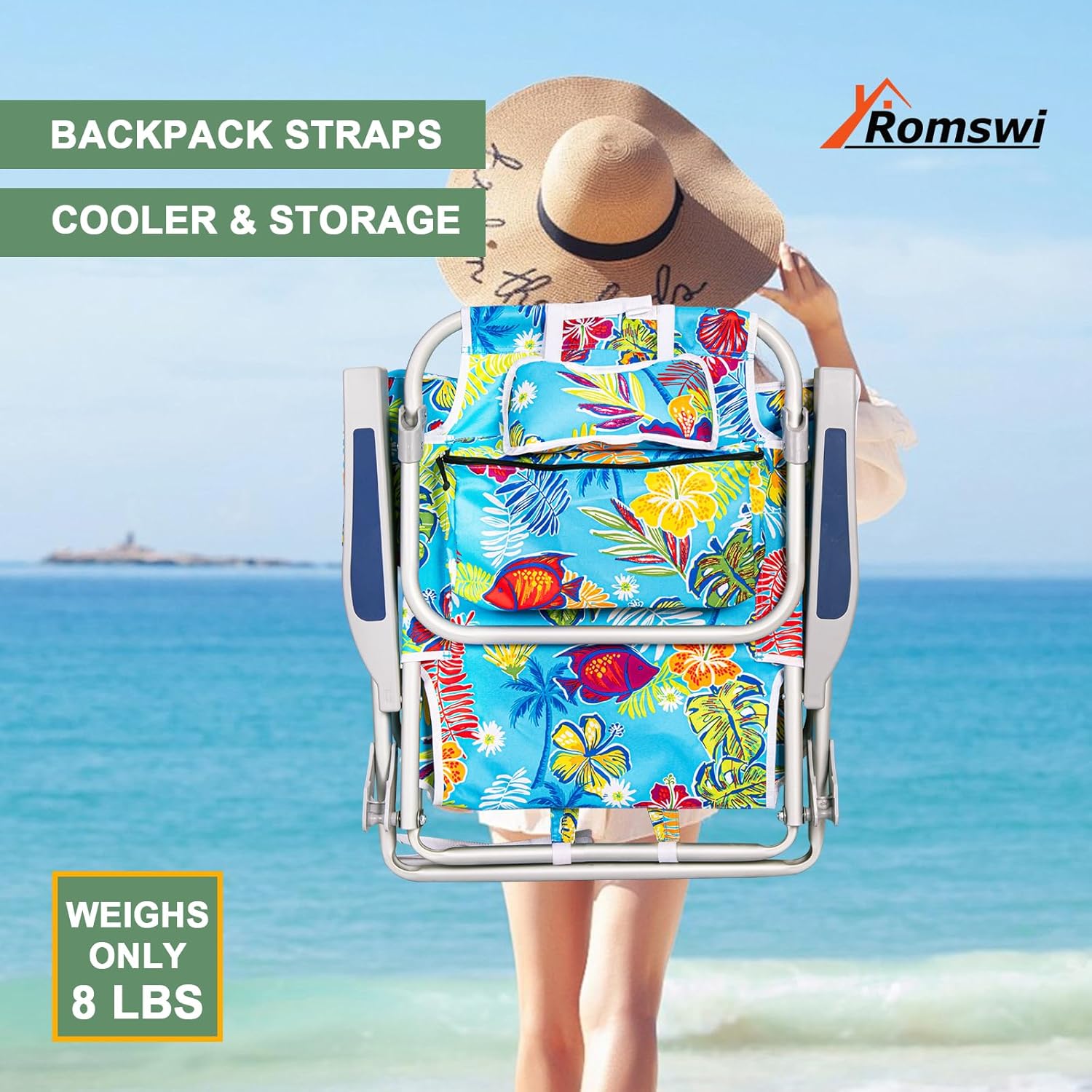 2Pk Aluminum Extra Wide 5-Position Lay Flat Folding Backpack Beach Chairs for Adults, with Cooler Bag, Cup&Phone Holder, Towel Bar for Outdoor Lawn Picnic Sport, Portable Camping Chairs,Tropical Print