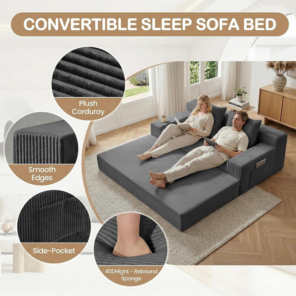 Loveseat Small Couch Bed, Futon Sleeper Sofa Bed,Convertible Pull Out Couch with 2 Pillows,Corduroy Folding Floor Couch for Living Room,No Assembly Required,Grey