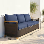 Outsunny 3 Seater Outdoor Couch Sofa, PE Wicker Patio Couch with Wide Deep Seating, 4" Foam Cushions, Wood-Effect Armrests and Legs, Patio Sofa Furniture for Garden, Backyard, Porch, Dark Blue