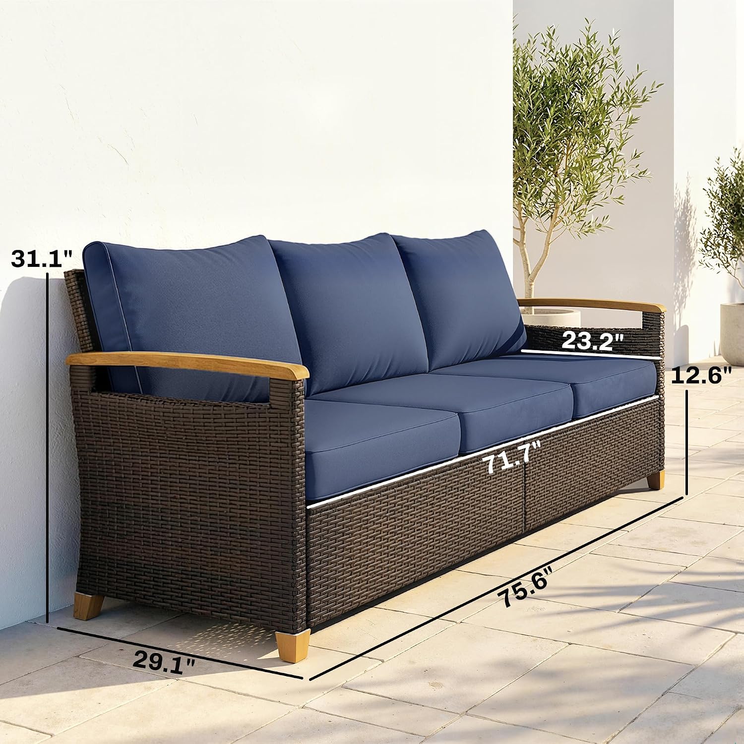 Outsunny 3 Seater Outdoor Couch Sofa, PE Wicker Patio Couch with Wide Deep Seating, 4" Foam Cushions, Wood-Effect Armrests and Legs, Patio Sofa Furniture for Garden, Backyard, Porch, Dark Blue