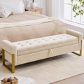 67" End of Bed Storage Bench King Size, Bench for Bedroom Foot of Bed, Upholstered Teddy Storage Ottoman with Gold Legs for Window Living Room, Teddy Beige