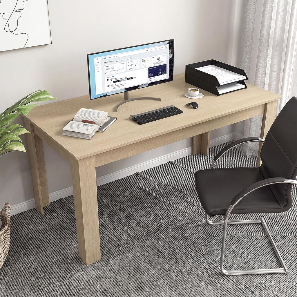 COSTWAY 63”Rectangular Dining Table for 4-6 People,Farmhouse Dinette with Large Computer Workstation, Modern Counter Height Kitchen Table for Small Place, Apartment Living Room Restaurant (Light Oak)