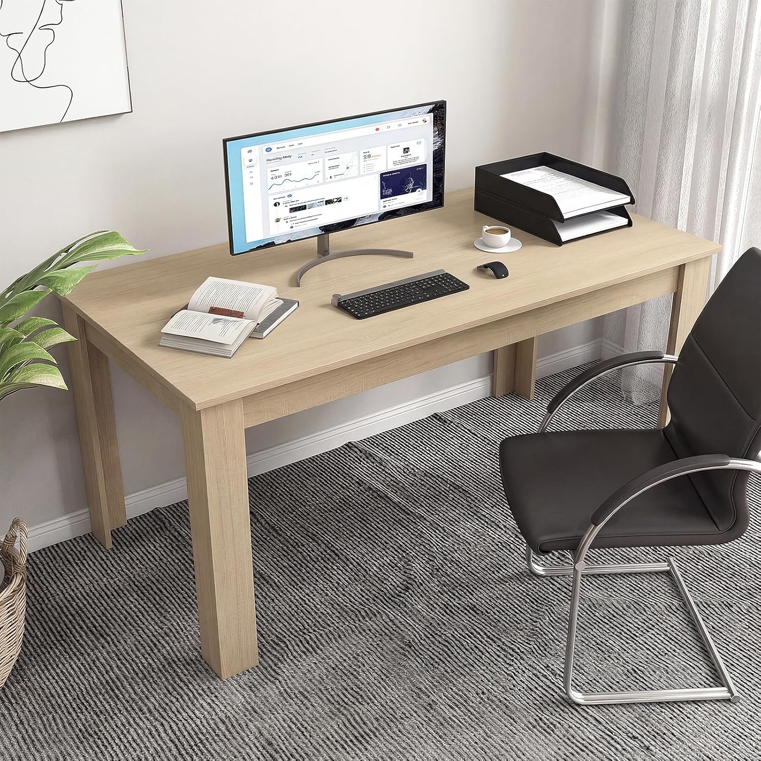 COSTWAY 63”Rectangular Dining Table for 4-6 People,Farmhouse Dinette with Large Computer Workstation, Modern Counter Height Kitchen Table for Small Place, Apartment Living Room Restaurant (Light Oak)