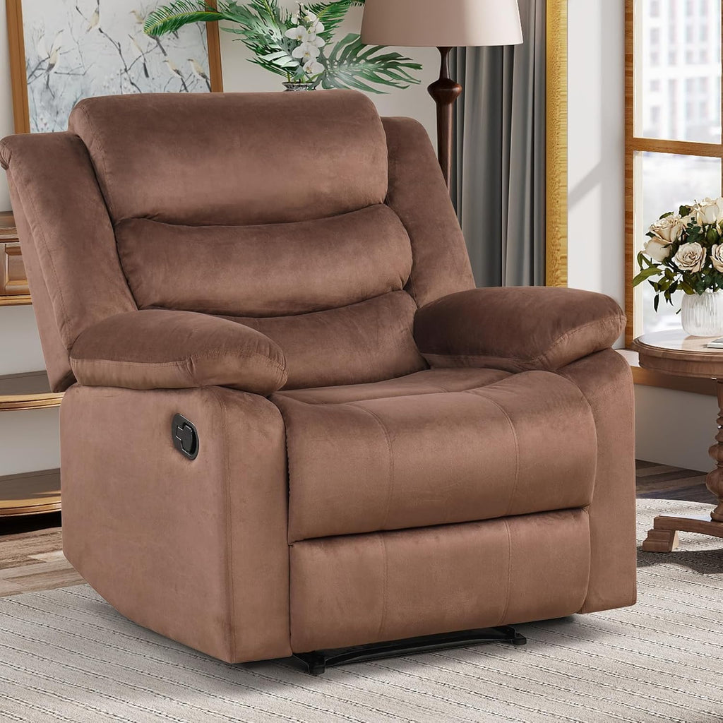 ANJ Manual Recliner Chair for Adults, Velvet Reclining Chair with Padded Arms and Overstuffed Backrest, Single Recliner Sofa for Living Room, Dark Brown