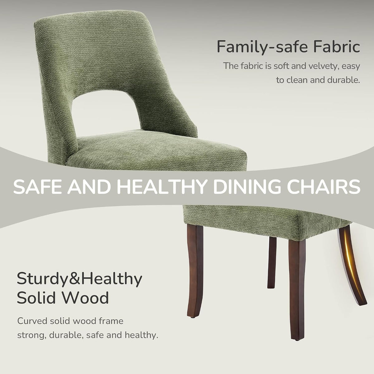 AQO Wooden Dining Chairs Set of 6, Mid Century Upholstered Kitchen Chairs Dining Room Chairs, Chenille Farmhouse Kitchen Chairs Dinner Chair for Kitchen Dining Room, Green