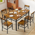 Zevemomo 7-Piece Dining Table Set, Kitchen Table Chairs Set of 6, Brown | Dining Room Sets for 6, Farmhouse Dining Table Set with 6 X-Shaped Curved Backrest Chairs, For Kitchen & Living Room