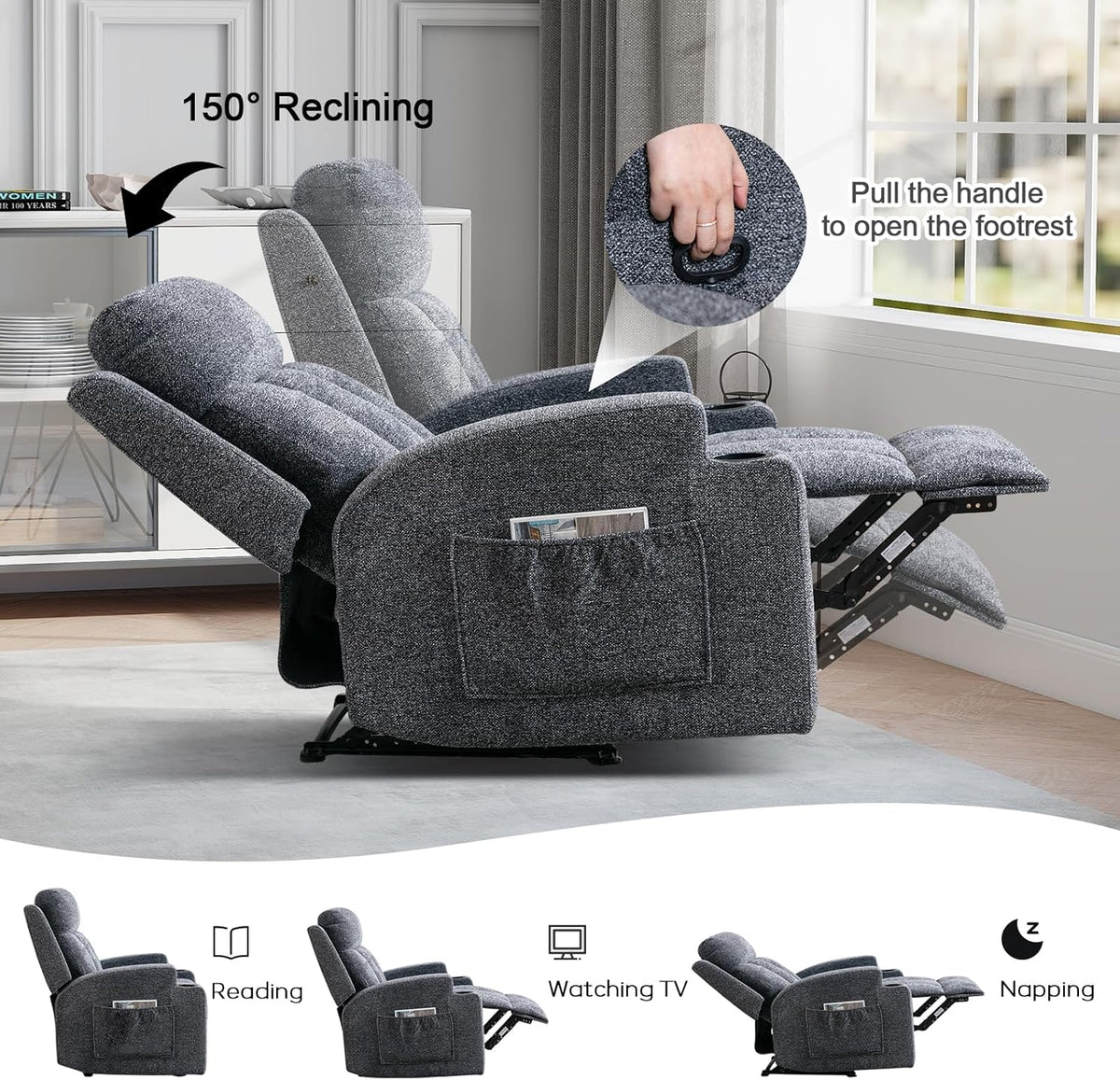 CANMOV Manual Recliner Chair with Massage and Heat, Soft Fabric Recliner Chair with Overstuffed Arm and Back, Manual Reclining Single Sofa with 2 Cup Holders, Side Pocket for Living Room, Dark Grey