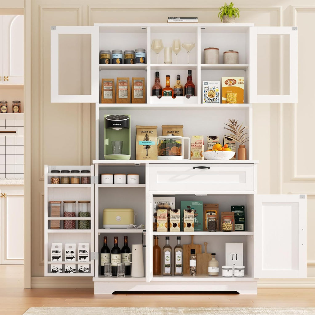 Vongrasig Kitchen Pantry Cabinet, Large Kitchen Hutch Formhouse Storage Cabinet with Microwave Stand, Tall Food Pantry for Dining Room, Living Room, White