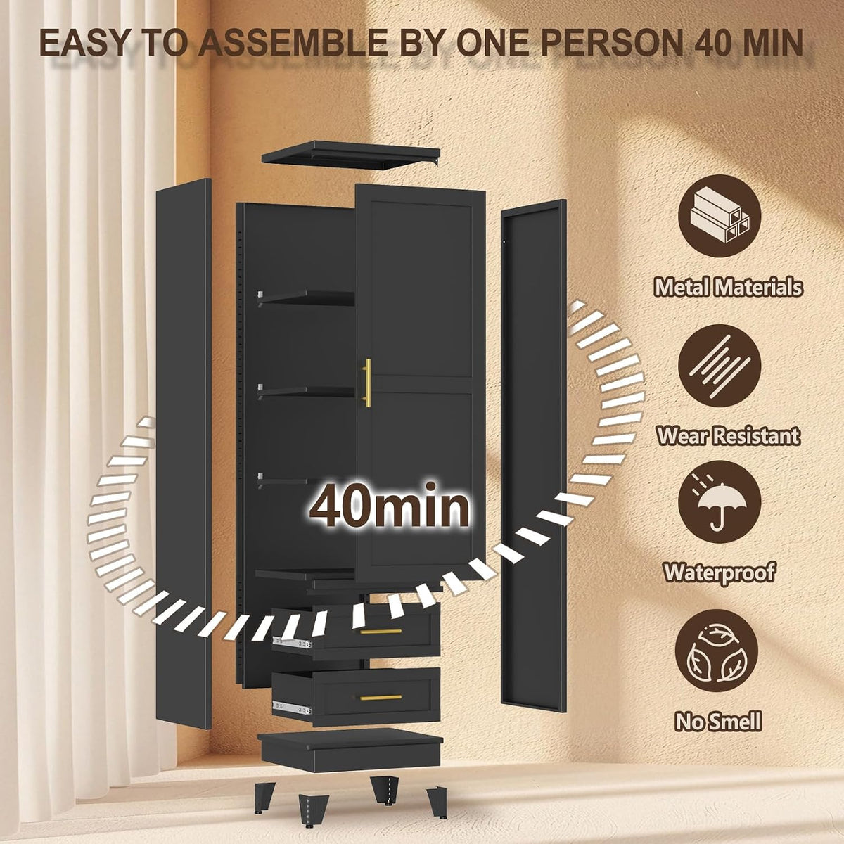 67" Tall Narrow Metal Storage Cabinet, Freestanding Pantry Organizer, Black | Slim Bathroom Cabinets with 2 Drawers & 3 Adjustable Shelves, Multi-Use Cupboard for Kitchen Office Living＆ Dining Room