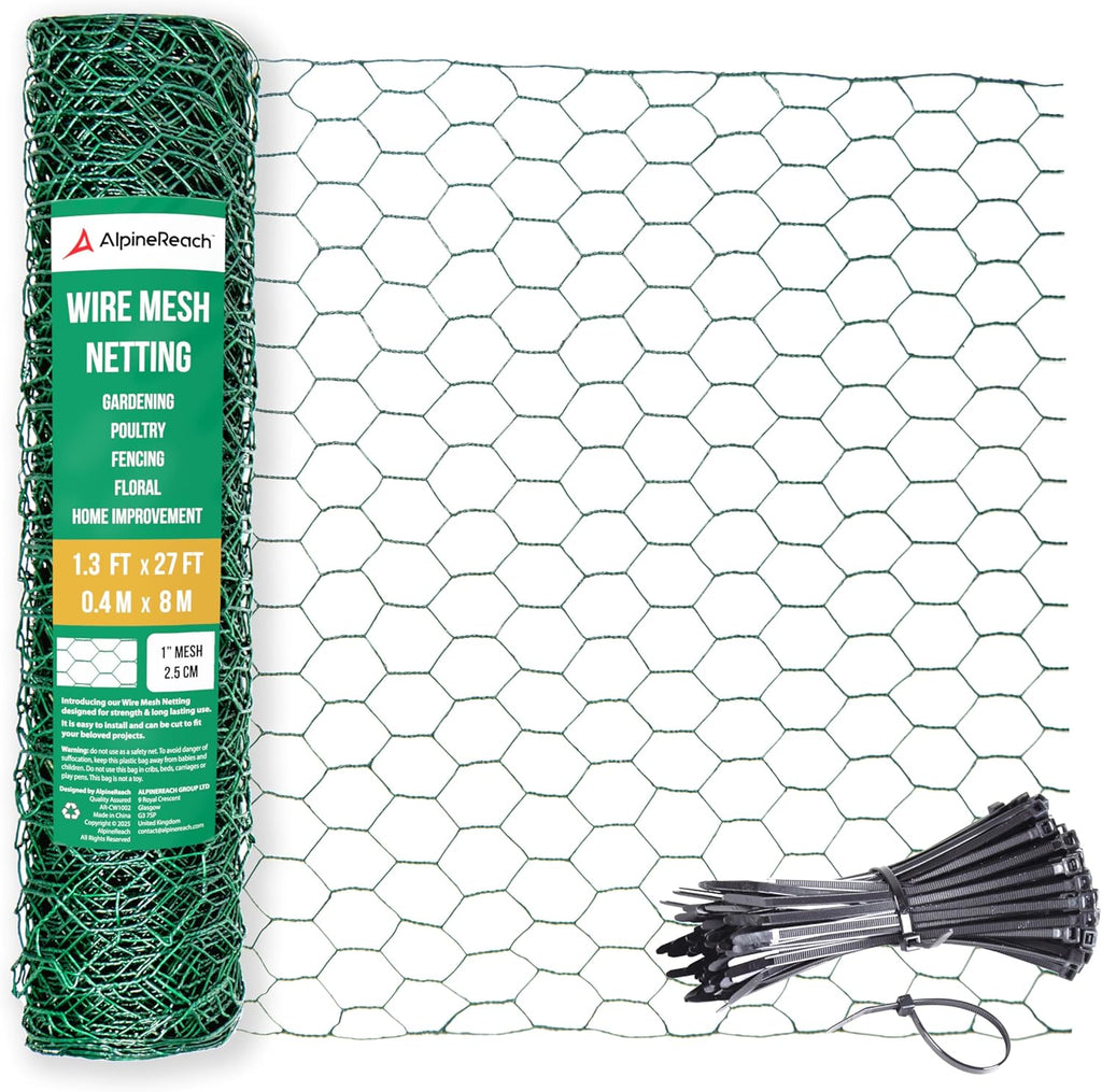 AlpineReach Chicken Wire 1.3ft x 27ft (15.6" x 324") for Floral Arrangements, Zip Ties - Green Mesh Roll Galvanized Hexagonal PVC Coated Garden Netting for Fencing, Crafts, Poultry, Gardening Fence