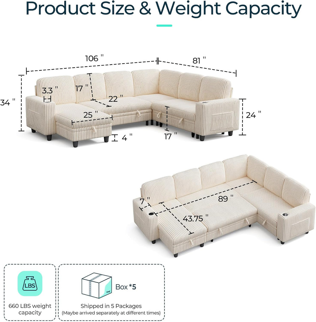LINSY HOME Sectional Couches for Living Room, 81" U Shape 6 Seats, Beige | Sleeper sofa with pull out couch bed, corduroy couch with storage