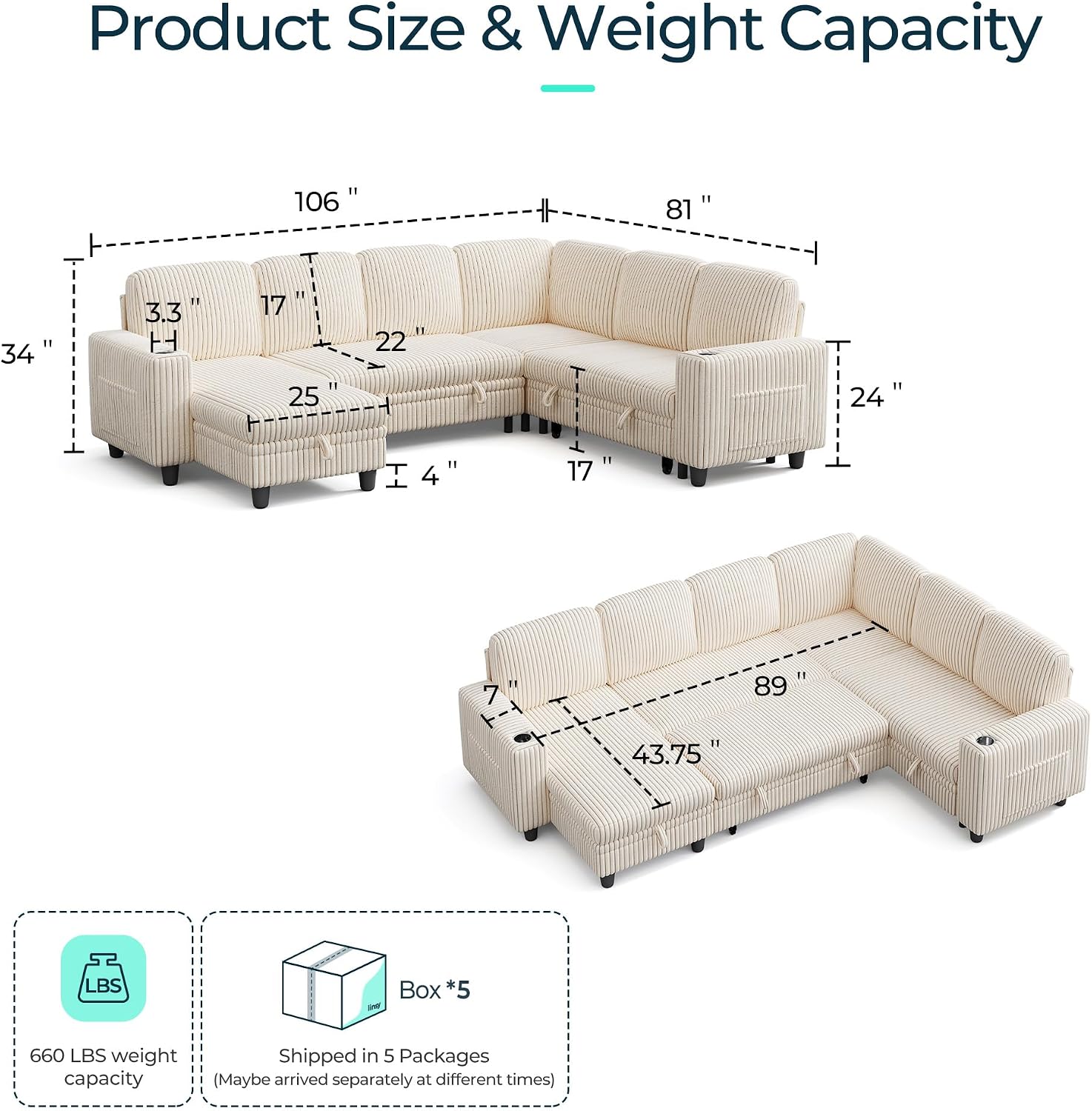 LINSY HOME Sectional Couches for Living Room, 81" U Shape 6 Seats, Beige | Sleeper sofa with pull out couch bed, corduroy couch with storage