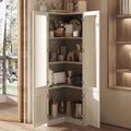 70.9" H L-Shaped Kitchen Pantry with Glass Doors, Modern Corner 4-Tiered Cupboard with Gold Handles & Wood Grain, Tall Display Storage Cabinet with Shelves for Living Dining Room, Natural