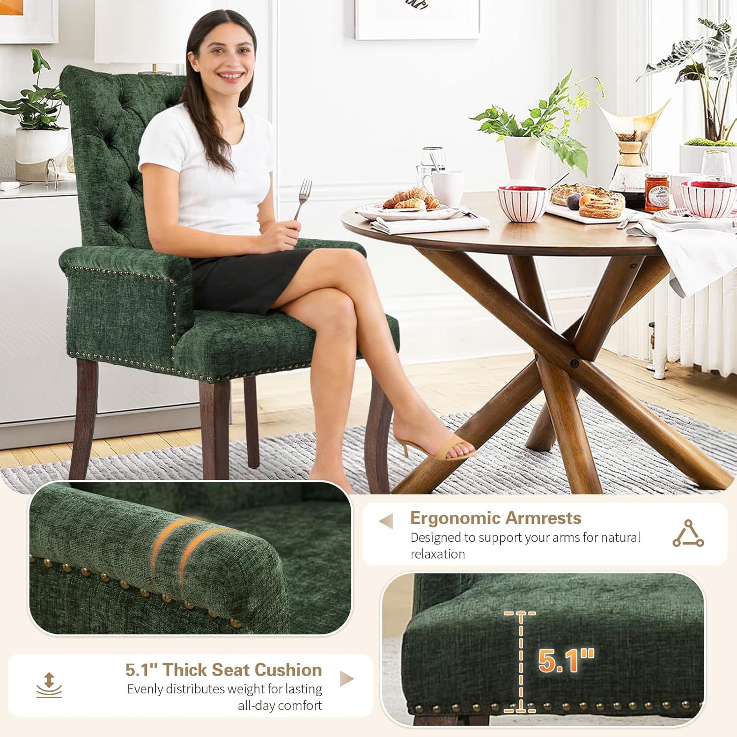 cinkehome Set of 4 Upholstered Dining Chairs, Dining Room Kitchen Chair with Armrest and Solid Wood Leg, Mid Century Modern Side Chairs (Olive Green, Chenille)