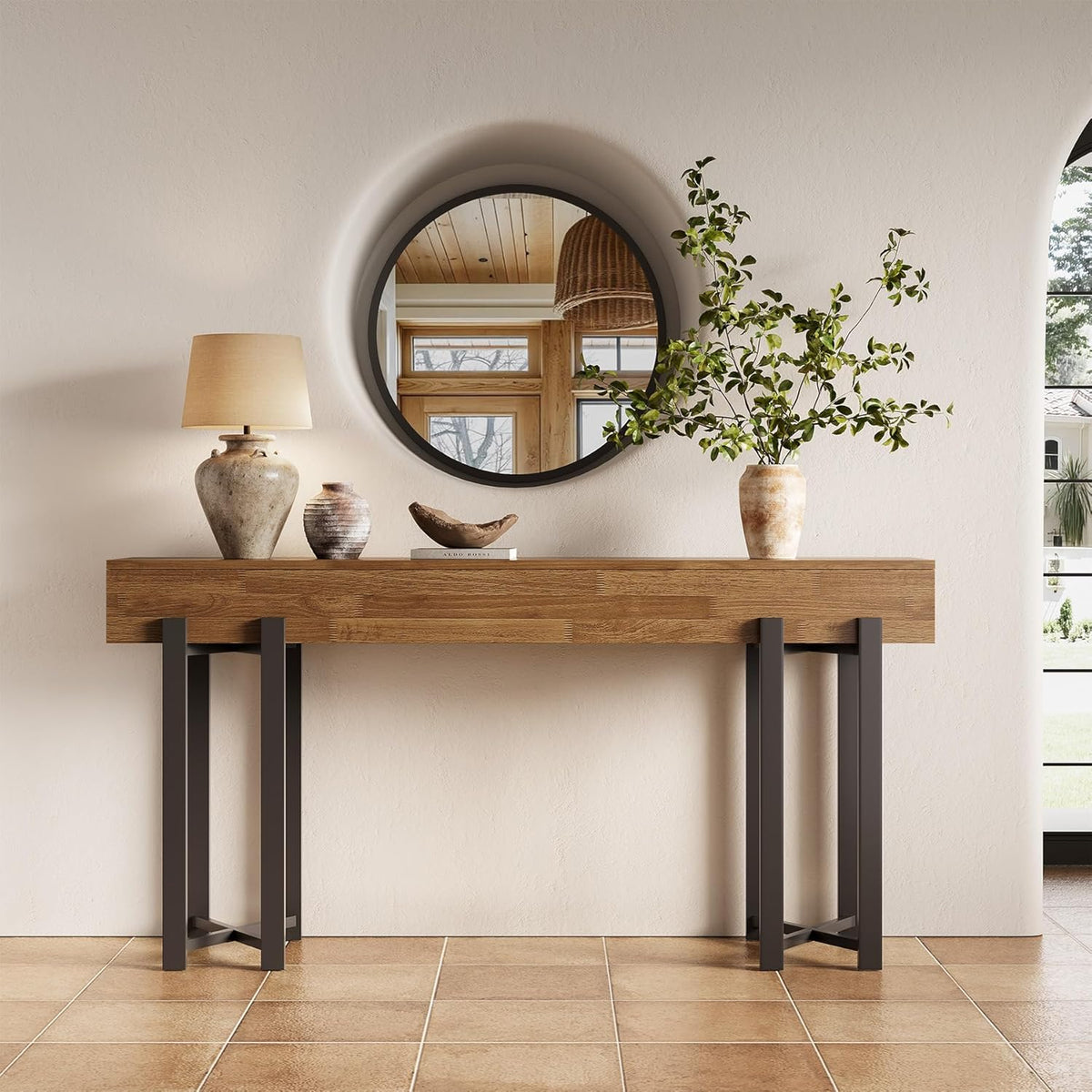 LITTLE TREE 63-Inch Console Table for Entryway, Farmhouse Behind Couch Table, Minimalist Sofa Table for Living Room, Long Wooden Hallway Foyer Table with Black Metal Frame, Oak