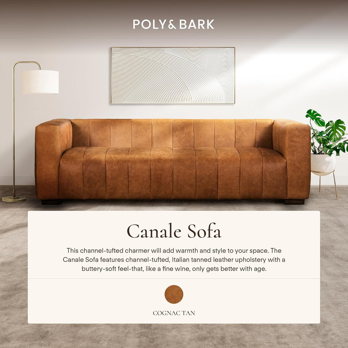 POLY & BARK Canale Sofa – 86" Channel-Tufted Italian Leather Couch – Cognac Tan Full-Grain Pure-Aniline or Semi-Aniline Leather, Solid Wood Frame & Legs