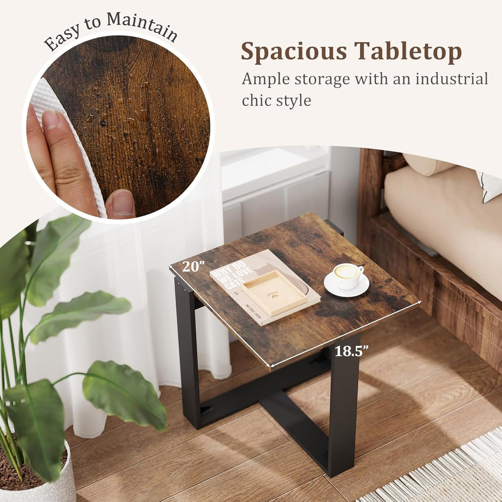 Giantex Industrial End Table Set of 2, Square Bedside Night Stand w/T-Shape Metal Frame, Accent Nightstand for Bedroom, Wood Sofa Side Tables for Living Room Office Small Space, Rustic Brown