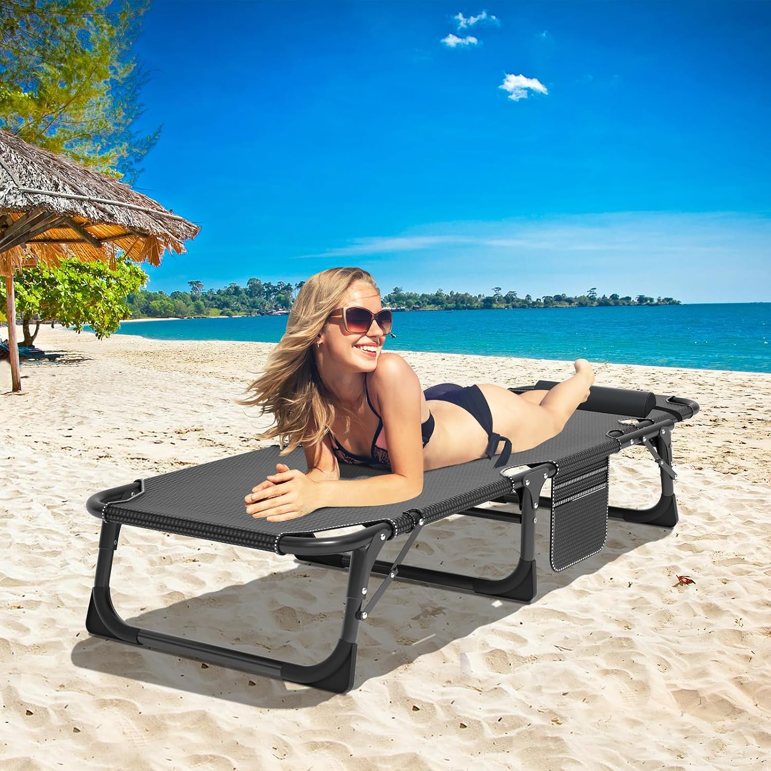 DoCred Chaise Lounge Chair, 5-Position Folding Outdoor Lounge Chair | Heavy Duty Sturdy Steel Frame Chaise Lounge w/ Removable Cushion & Pillow, Folds Flat for Storage, for Beach, Pool & Patio