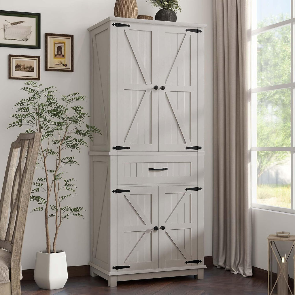 DWVO 72" Tall Farmhouse Pantry Cabinet, Kitchen Storage Pantry with Barn Doors & Drawer, Versatile Organizer with Adjustable Shelves, Rustic Cupboard for Dining Room, Living Room, White Oak | Tall Farmhouse Kitchen Pantry Cabinet, Kitchen Cupboard