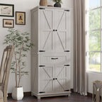 DWVO 72" Tall Farmhouse Pantry Cabinet, Kitchen Storage Pantry with Barn Doors & Drawer, Versatile Organizer with Adjustable Shelves, Rustic Cupboard for Dining Room, Living Room, White Oak | Tall Farmhouse Kitchen Pantry Cabinet, Kitchen Cupboard