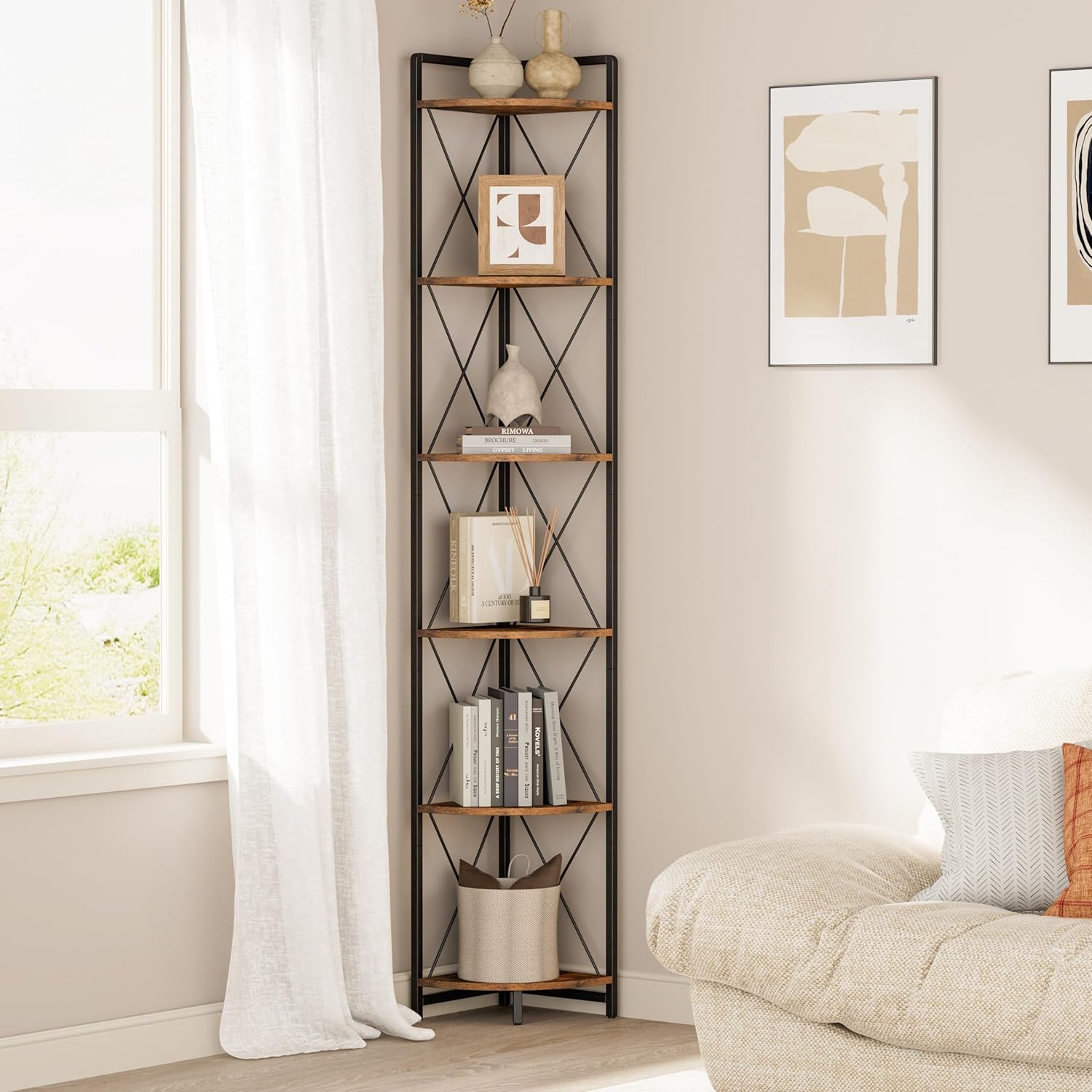 6 Tier Corner Shelf Stand, 78" H Tall Industrial Corner Bookshelf for Living Room Decor, Metal Corner Shelf, Plant Stand Display Shelf for Bedroom, Bathroom, Small Space, Rustic Brown