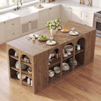 Tribesigns 78.7" Large Kitchen Island Table with Storage & Seating Space | Farmhouse Island Table with Arched Open Shelves, Modern Stationary Island Storage Table for Kitchen Dining Room, Brown