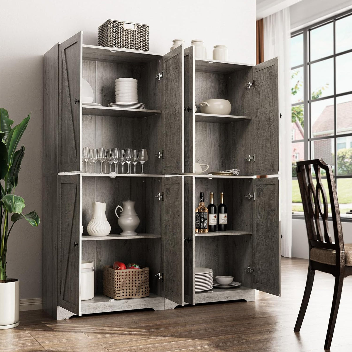 LYNSOM Farmhouse Storage Cabinet with 4 Barn Doors and Adjustable Shelves, Grey丨72 Tall Pantry Cabinet, Freestanding Buffet Cupboards Sideboard for Kitchen, Dining Room, Livingroom