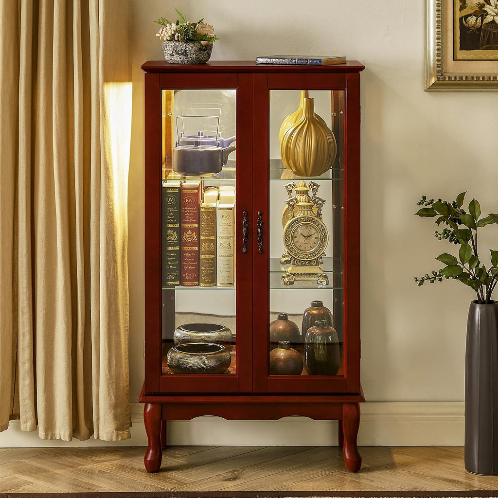 Ball & Cast Lighted Curio Cabinet,3-Tier Glass Display Cabinet with Adjustable Glass Shelves and Mirrored Back Panel for Living Room,E26 Light Blub not Included,Cherry