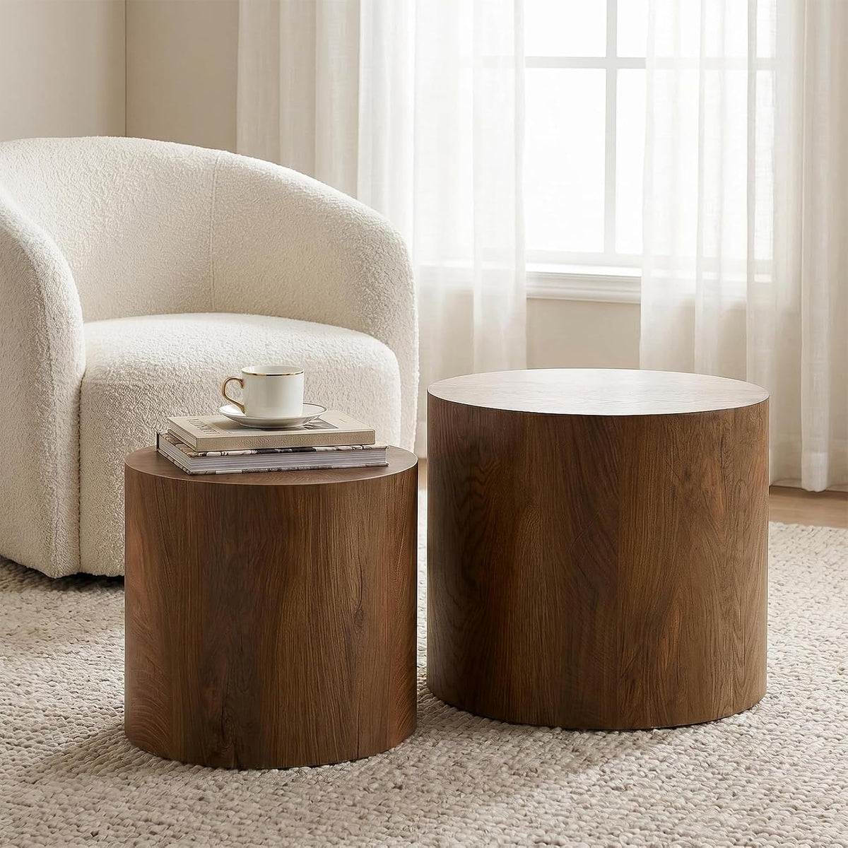 Round Coffee Table Set of 2,Modern Nesting Center Table with Non-Slip Feet | Minimalist Wood Center Table for Living Room, Bedroom, Office, Small Space, No Assembling,Beige