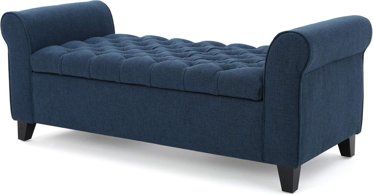 ‎GDF Studio Keiko Fabric Armed Storage Bench, Dark Blue, Dimensions: 19.75”D x 50.00”W x 20.5”H